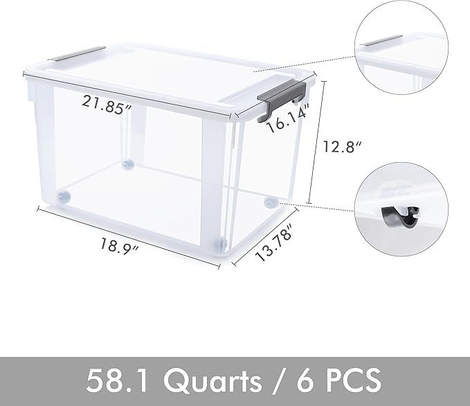 Citylife 6 Packs 58.1 QT Plastic Storage Bins with Lids Large Stackable Storage Containers for Organizing Clear Storage Box f