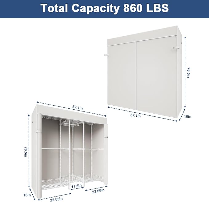 Ulif E12C Heavy Duty Closet Organizer System，Freestanding Clothing Rack, Adjustable Garment Rack 57.1" W x 16" D x 76.5" H Ho