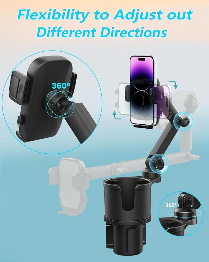Cup Phone Holders for Your Car, [360°Adjustable] Car Cup Holder Phone Cradle for 2.5-4" Cup Holders-Compatible with iPhone 15/14 Pro, Phone Holder Mount for Truck/SUV| Anti-Slip & No Shake Design