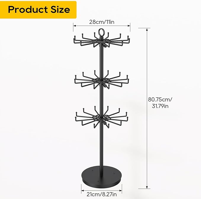 ORLESS 3 Tier Rotating Jewelry Display Stand, Keychain Display Stand with 36 Hooks, Black Metal Retail Display Spinning Holde