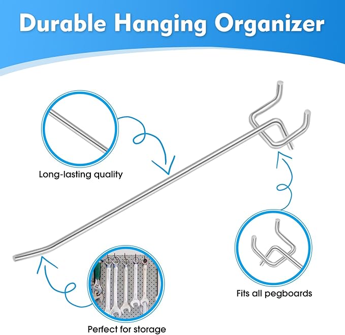 50 Pack 6 Inch Pegboard Hooks, L Shape Metal Hooks Kit for 1/4" and 1/8" Pegboard, Utility Hooks Suit for Organizing Storage 