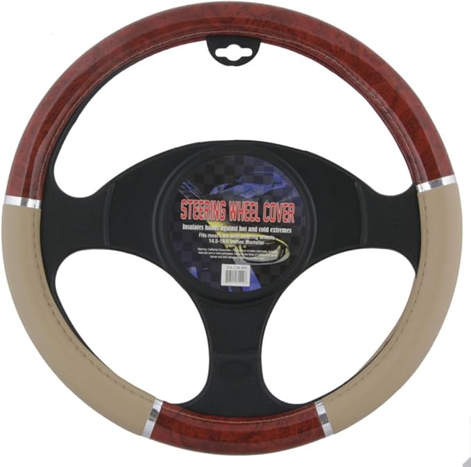 BDK Dark Wood Grain Car Steering Wheel Cover, Standard 15 inch with Beige Faux Leather Grip, Made to Fit Most Auto Truck Van 
