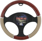 BDK Dark Wood Grain Car Steering Wheel Cover, Standard 15 inch with Beige Faux Leather Grip, Made to Fit Most Auto Truck Van 