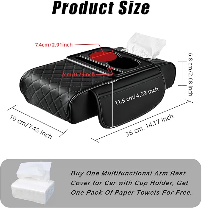 Center Console Cover for Car with Cup Holder and Tissue Box, PU Leather Armrest Storage Box with Phone Pocket, Heightening Car Armrest Cushion for Most SUV, Truck Interior