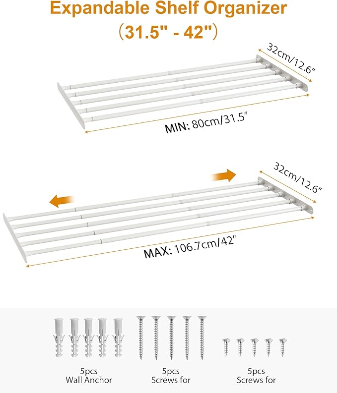 FIRJOY Expandable Wall-Mounted Closet Shelf Organizer, Adjustable Storage Rack, Heavy Duty (White, 31.5" - 42")