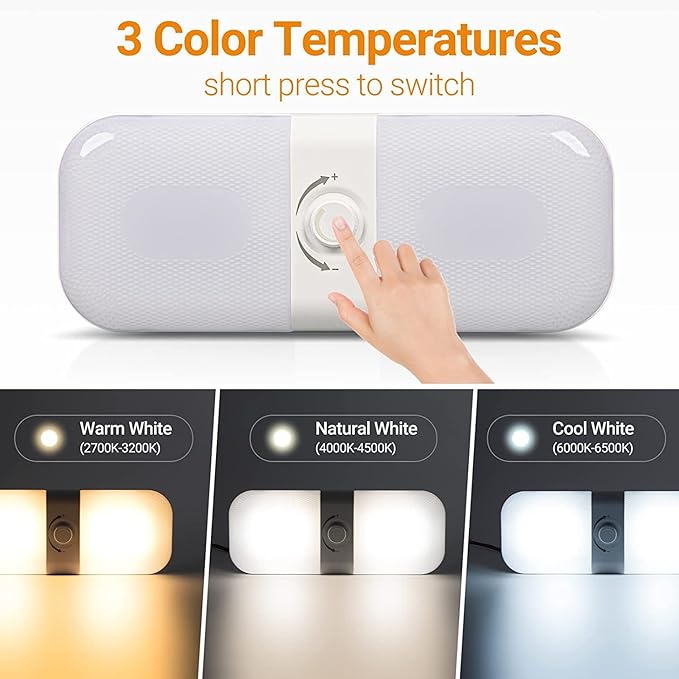 CT CAPETRONIX RV Lights Interior 1700LM, 3 Color TEM Camper Lights, Dimmable 12v Volt Led Fixture, Ceiling Dome Light w Switch for RV/Camper/Car/Trailer/Boat (Warm Cool Natural White) 4Pack
