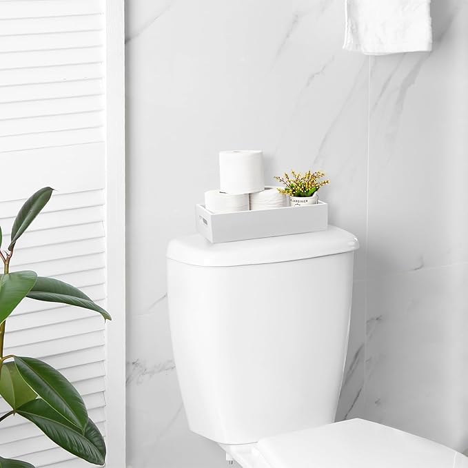 ALELION White Bathroom Basket - Wooden Toilet Tank Paper Basket with Handle for Organizing - Back of Toilet Storage Organizer