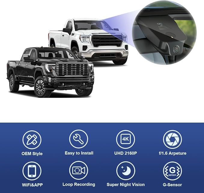 Fitcamx 4K Dash Cam Suitable for GMC Sierra 1500 2500HD 3500HD (HD2-6275, Small Cover) 2020-2026, OEM Factory Look, UHD 2160P