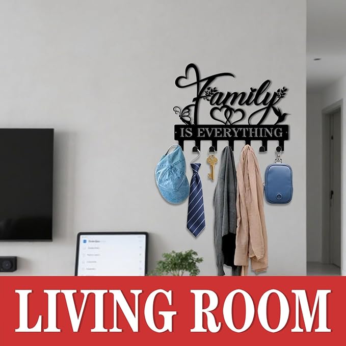 Key Holder Wall Mount, Family is Everythings Sign, Key Holder Wall for Wall Decorative with 6 Hooks, Organizer Rack Hanger fo
