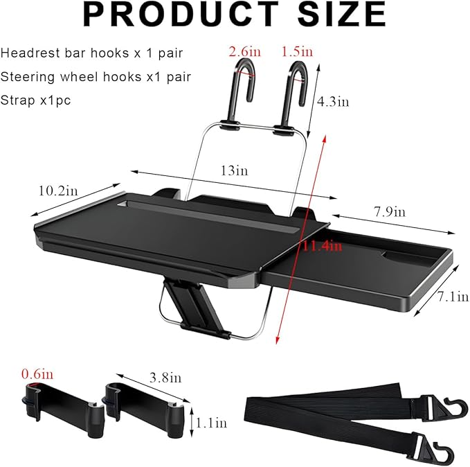 2 in 1 Car Steering Wheel Tray, Car Desk Back Seat Headrest Tray for Eating Food and Writing Laptop Work, Adjustable Car Food Table for Car SUVs Trucks Vans, Car Accessories