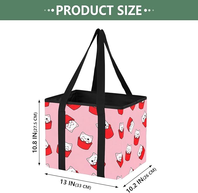 Cartoon Cat Pattern Reusable Grocery Bags Large Shopping Tote Bag with Reinforced Bottom Board, Water Resistant Foldable Stor
