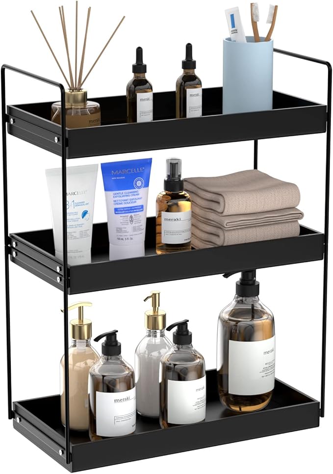 Bathroom Countertop Organizer, 3 Tier Metal Vanity Counter Skincare Shelf, Matte Black Under Sink Standing Rack With Acrylic 
