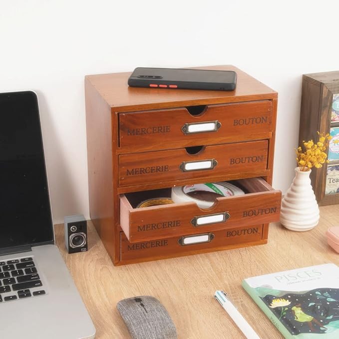 Wooden Storage Box with 4 Drawers Vintage Office Supplies and Accessories Letter Tray Wood Desktop School Supply Organizer Li