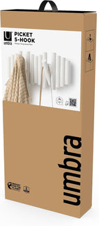 Umbra Picket Wall-Mounted Coat Rack Rail Hook with 5 Retractable Wood Pegs – Modern, Space-Saving Storage Organizer, White