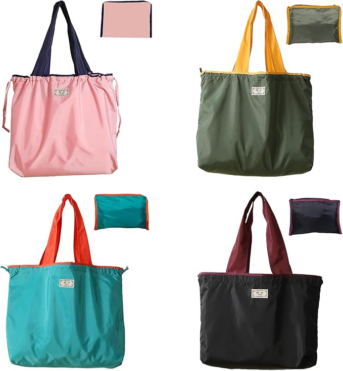 4PC Foldable Reusable Shopping Bags 210D Nylon Waterproof Travel Grocery Tote with Drawstring Mouth & Reinforced Handle