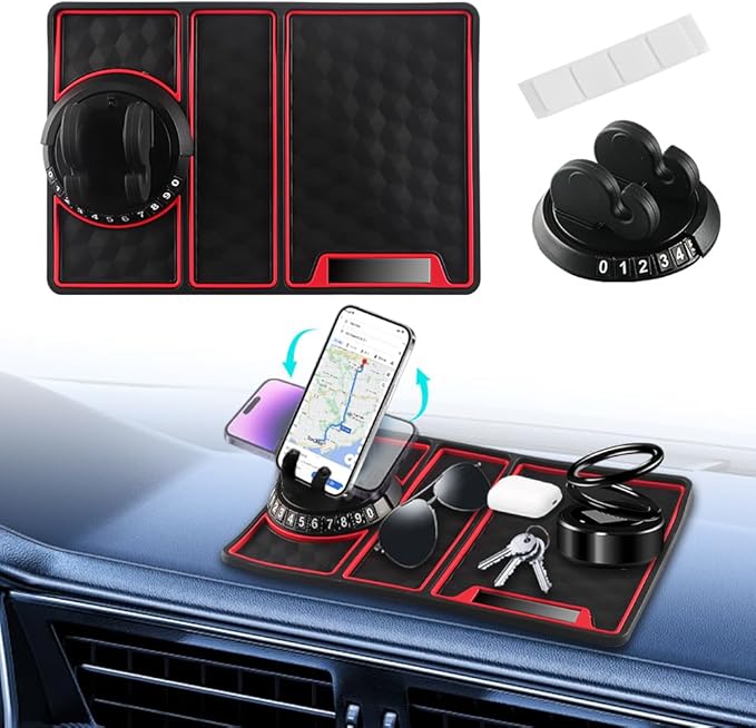 Car Anti Slip Mat Dashboard Tray Decorations Sticky Pad 4 in 1 Multi Functional with 360° Rotating Universal Phone Pad Holder