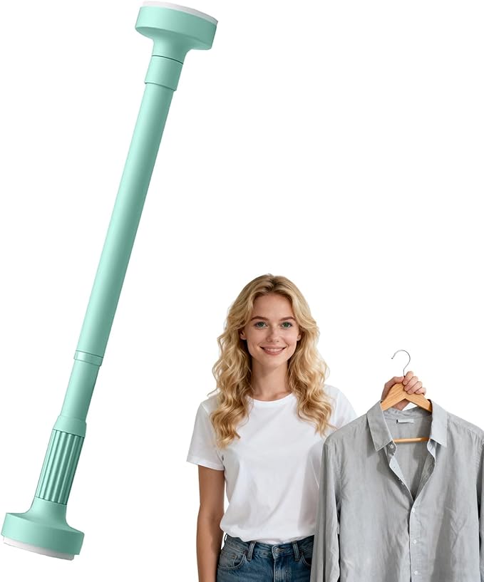 Adjustable Closet Rod, Telescopic Wardrobe Hanging Bar, No Drilling Space-Saving Extendable Rail Pole for Clothes (Green, 27.