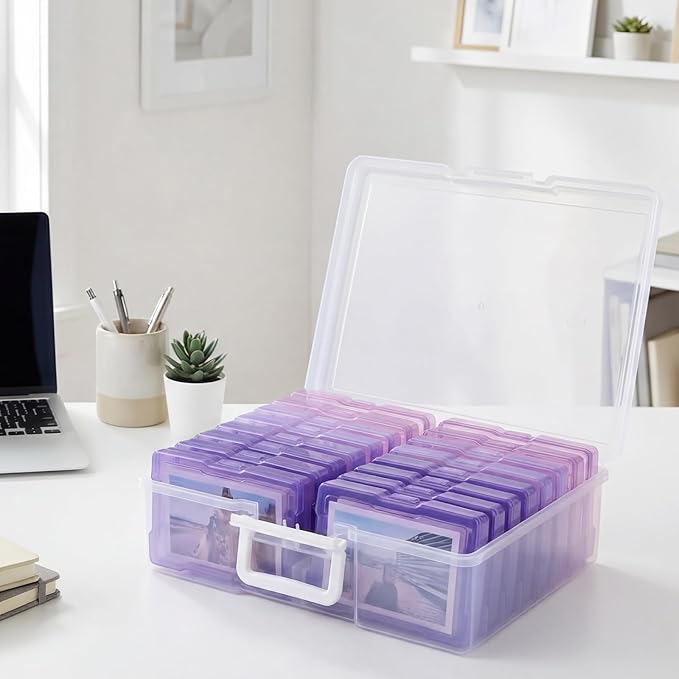 novelinks Transparent 4" x 6" Photo Cases and Clear Craft Keeper with Handle, 16 Inner Photo Organizers & Photo Storage Box, 