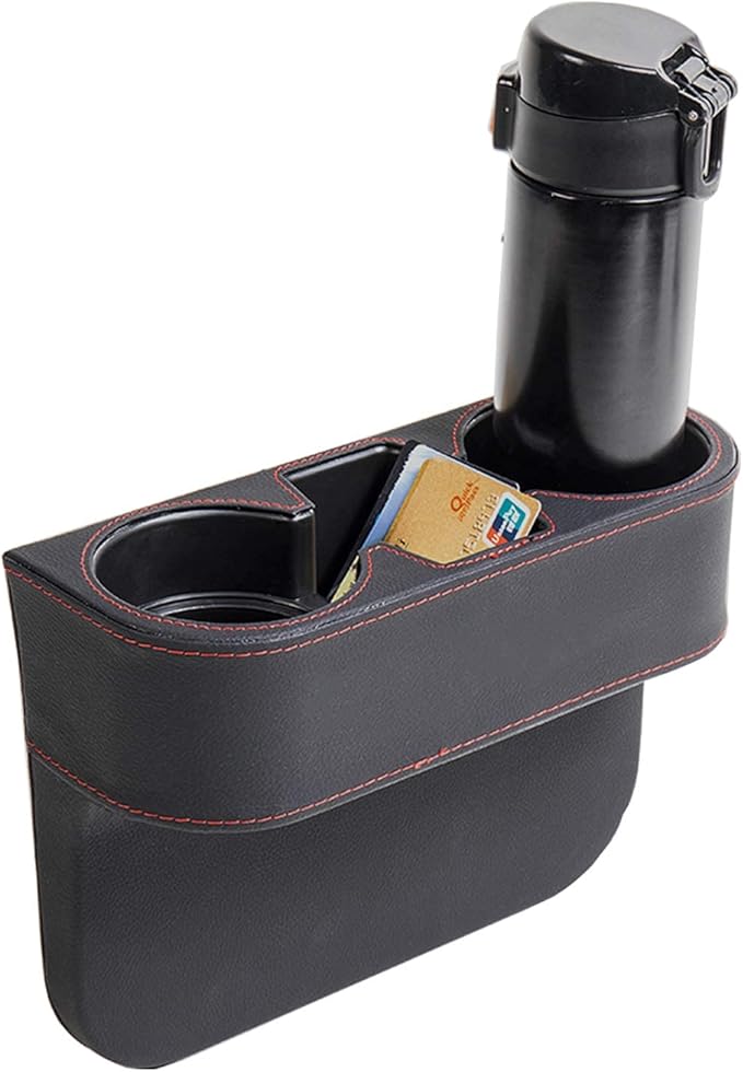 Car Cup Holder, Auto Front Seat Cup Holder, PU Leather Cover Cup Drink Holder, Car Seat Gap Filler Organizer, Side Cup Holder for Car Coin Bucket, Cell Mobile Phone Holder, Black