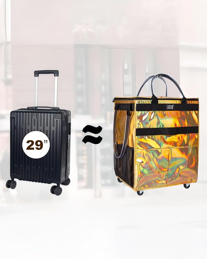 Reusable Grocery Bag with Wheels (Large, Glitter Gold), Rolling Shopping Bag with 8 Pockets and Zipper Cover Foldable Rolling Tote for Women, Travel, Garden, Carries Up to 76LBS