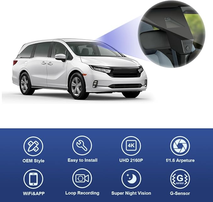 Fitcamx 4K Dash Cam Suitable for Honda Odyssey 2021-2026 EX LX Touring Elite Sport EX-L (Gen6), OEM Factory Look, UHD 2160P V