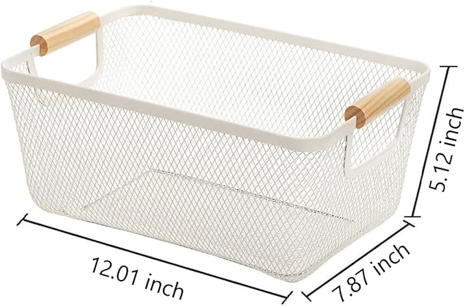 AJIODA Metal Mesh Steel Basket, Medium Wire Storage Organizer Basket Multi-function Hanging Kitchen Basket with Wood Handle f