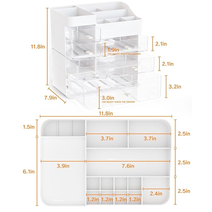 White Countertop Makeup Organizer with 6 Drawers,Large Capacity Skincare Organizers for Vanity,Desk,Dresser,Plastic Bathroom 