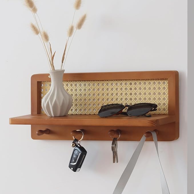 FRIADE PE Rattan Coat Rack Shelf Wall Mounted with 4 Hooks, Decorative Coat Hook Rack with Floating Shelf for Entryway, Nurse