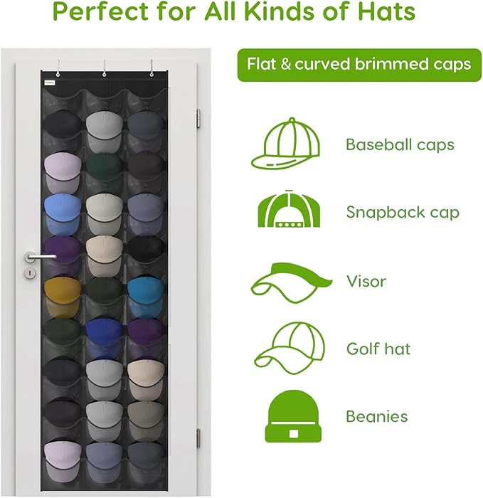 Unjumbly Baseball Hat Rack, 30 Pocket Over-The-Door Hat Organizer with Clear Deep Pockets to Display Baseball Caps Collection