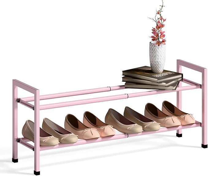 Bumusty 2-Tier Expandable Shoe Rack for Closet, 18“-33” Adjustable Shoe Rack for Small Space, Small Shoe Organizer for Front 