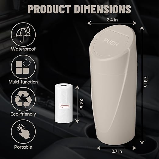 Car Trash Can Bin with Lid - Car Garbage Can Cup Holder - Light Beige Mini Leakproof Vehicle Garbage Bin with 40pcs Trash Bags-Automotive Organizers and Storage for Front Back Seat Accessories