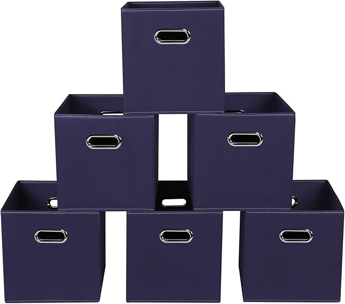 Navy Blue Fabric Storage Bins, 11x11x11, Set of 6, Foldable Cube Bins for Cloth or Accessory Storage