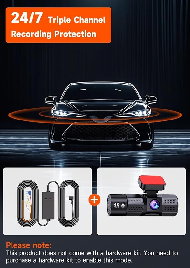 4K 3 Channel Dash Cam Front and Rear Inside, Dash Camera for Cars WDR Night Vision, 2 Inch IPS Screen WiFi App Control, 24H P
