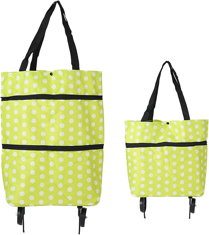 Collapsible Shopping Grocery Bag with Wheels Rolling Tote Bag with Wheels Large Reusable Shopping Bags Foldable Cart(Yellow Green Dot,Large)