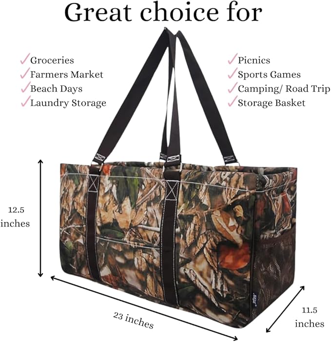 NGIL Extra Large Utility Tote Reusable Grocery Bag Oversized Collapsible for Groceries, Storage, Picnic, Beach (Camo-brown)