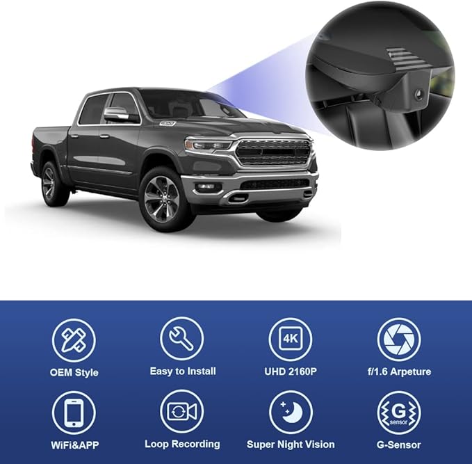 Fitcamx 4K Dash Cam Suitable for RAM 1500 (Model B) 2019-2024 Rebel Big Horn Laramie Tradesman TRX Classic, OEM Look, 2160P U