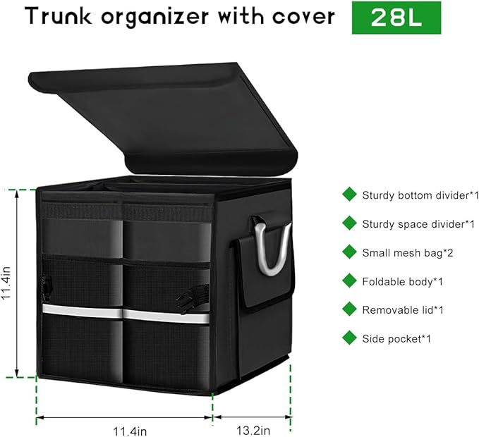 Trunk Organizer with Lid, 28L Collapsible 2-Compartment Car Storage Box with Reinforced Handles, Multipurpose Waterproof Oxford Storage