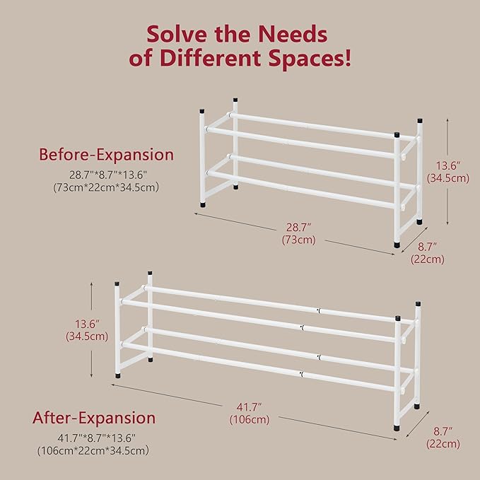 Tajsoon Expandable Shoe Rack for Closet 2 Tier, 28“-41“ Adjustable & Stackable Shoe Shelf Storage, Metal Shoe Rack Organizer 