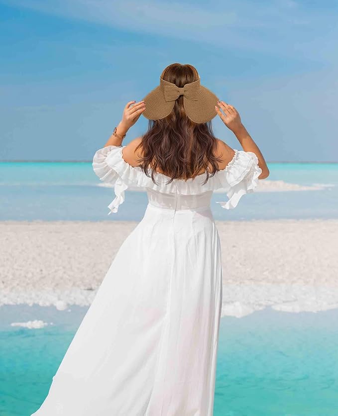 Sun Visor Hat for Women, Wide Brim Straw Summer UV Protection Hat, Foldable Roll-up Packable Beach Cap