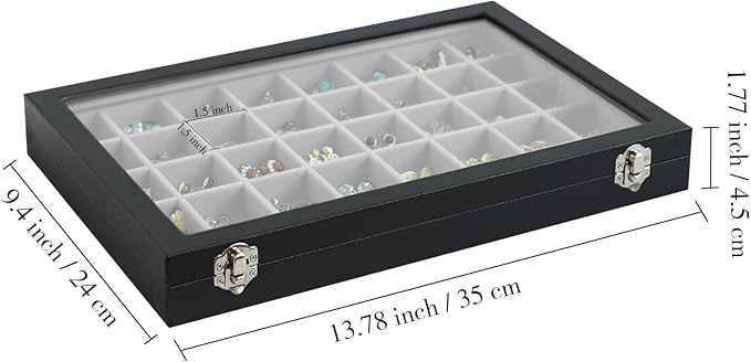 Stratalife Jewelry Organizer 40 Grid Gray Black Jewelry Tray with Clear Dust-proof Lid Velvet Earring Organizer Necklace Ring