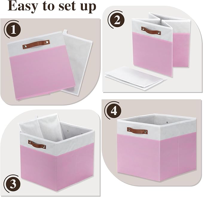 Temary Foldable Cube Baskets 4Pack - Clothes Shelf Storage with Handles, Fabric Storage Organizer Bins (White&Pink, 13x15x13 
