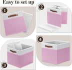 Temary Foldable Cube Baskets 4Pack - Clothes Shelf Storage with Handles, Fabric Storage Organizer Bins (White&Pink, 13x15x13 