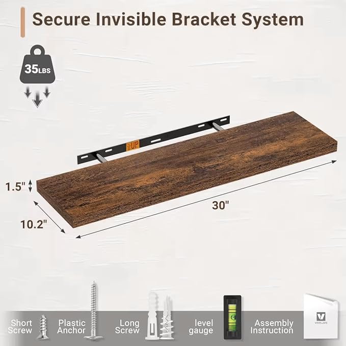 Vivelove 10 Inch Deep Floating Shelves 30 inch Long, 30 x 10 Wide Wall Shelves with Invisible Brackets, for Bedroom Bathroom 