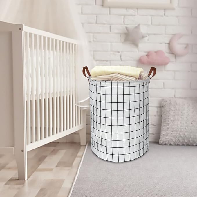 CLOCOR Collapsible Round Laundry Hamper/Large Storage Basket/Toys Bin/Boys and Girls Hamper/Room Decor (White check)