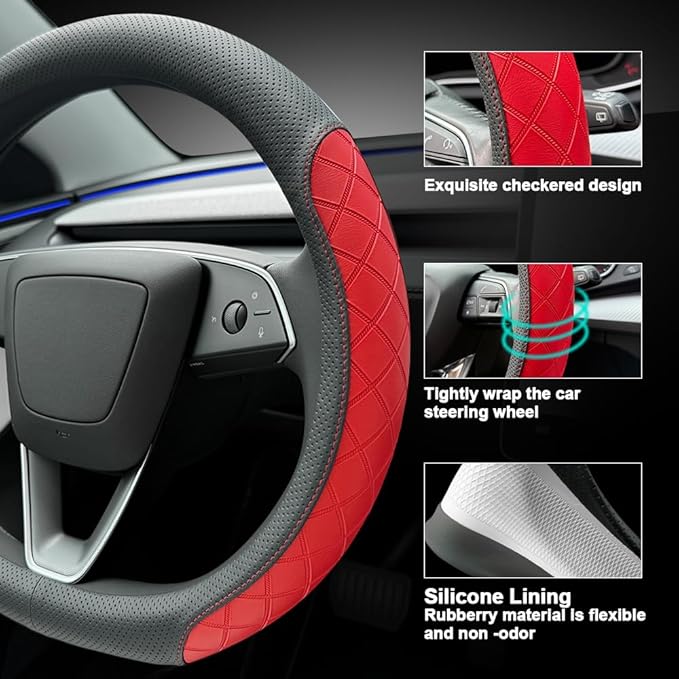 LKWLIKEI Leather Steering Wheel Cover. Elegant Diamond Checkered Design, Non-Slip and Breathable, for Tesla Model 3/Y Steerin