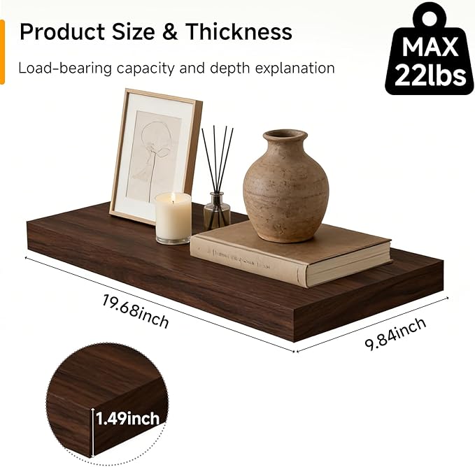 INHABIT UNION 20in Floating Shelves for Wall, Wall Mounted Shelves for Decor Storage Set of 2, Floating Shelf for Bedroom, Ba