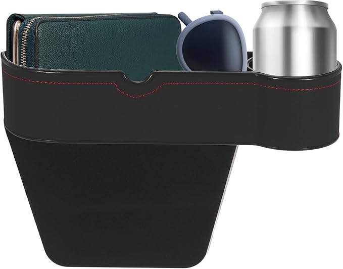 HARFINGTON Car Seat Gap Filler Organizer 10.6 x 7.1 x 2.8 Inch ABS+Leather Universal Car Organizer Storage Box Between Seat and Console (Right) with Cup Holders for Phone Keys, Black