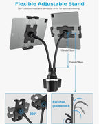woleyi Cup Holder Tablet Mount for Car, [Double Device Clamp] Dual iPad Phone Car Mount with 10" Gooseneck Adjustable Arm for iPad Pro Air Mini, Galaxy Tabs, Z Fold, Fire HD, iPhone, 4.7-13" Devices