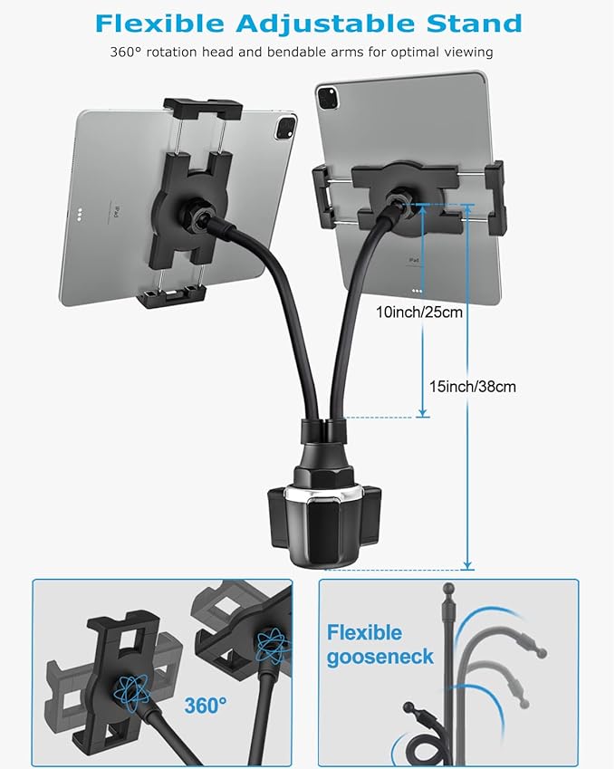 woleyi Cup Holder Tablet Mount for Car, [Double Device Clamp] Dual iPad Phone Car Mount with 10" Gooseneck Adjustable Arm for iPad Pro Air Mini, Galaxy Tabs, Z Fold, Fire HD, iPhone, 4.7-13" Devices