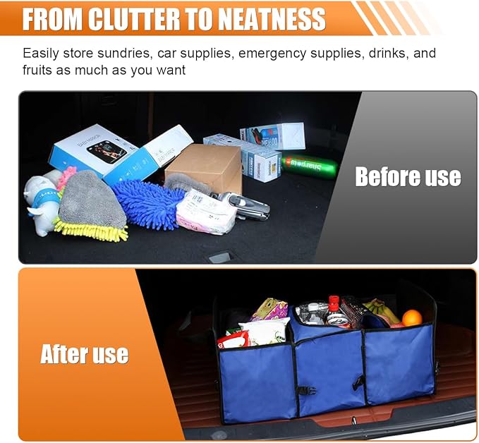 Car Trunk Organizer, Oxford Fabric Waterproof & Anti-Slip Vehicle Storage Box with Leak Proof & Insulated Cooler Bag, Large Cap